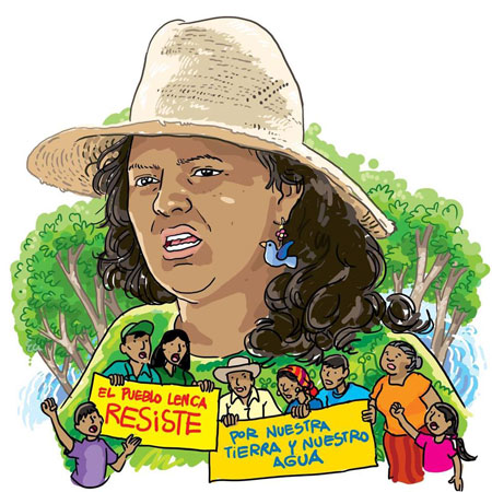 پوستری که توسط حامیان برتا کاسرس برای یادبود از او پخش شده که روی آن نوشته اند «مردم لنکا مقاومت می‌کنند / بخاطر آب و زمین ما.»