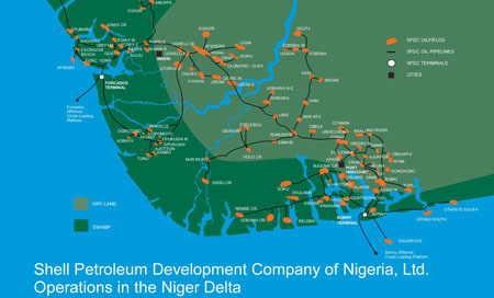 نقشه مراکز نفت و گاز شرکت «شیل» در دلتای نایجر