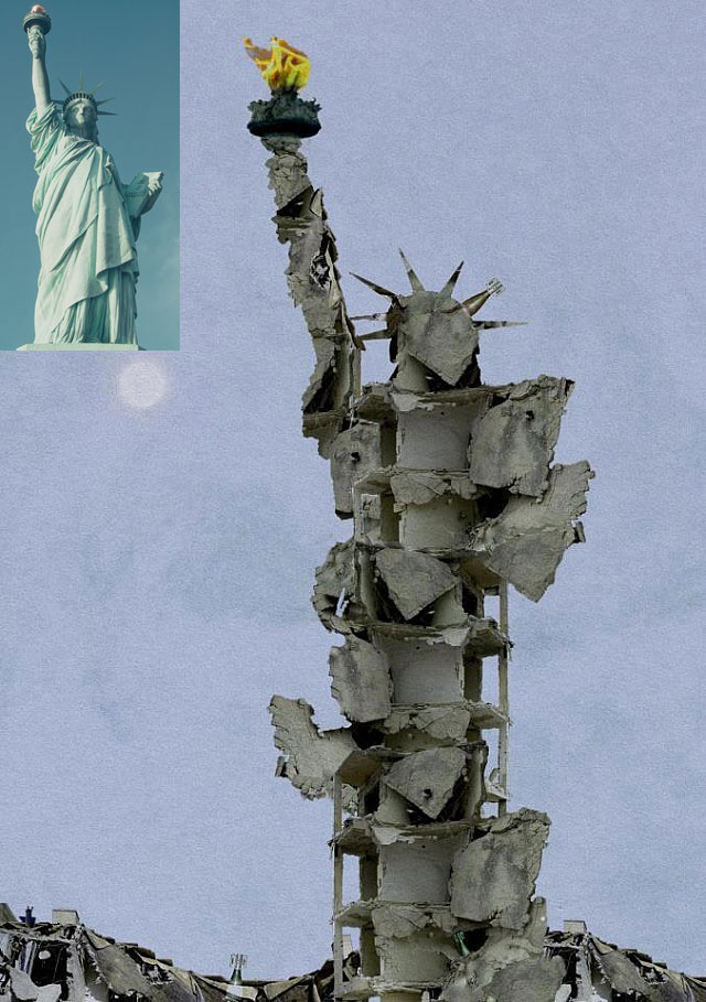 اثر پرمعنی «مجسمه آزادی» با الگوبرداری از مجسمه آزادی امریکا از ویرانه‌های سوریه ساخته شده که نشان می‌دهد تحت شعار «آزادی»، امریکا و غرب چه بلایی بر سر سوریه و مردمش آورده اند.