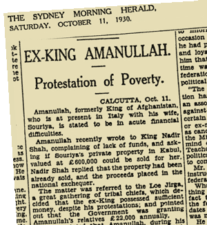 گزارشی از روزنامه «سیدنی مارننگ هیرالد» (۱۱ اکتوبر ۱۹۳۰)‌ در مورد مشکلات اقتصادی امان‌الله خان در ایتالیا.